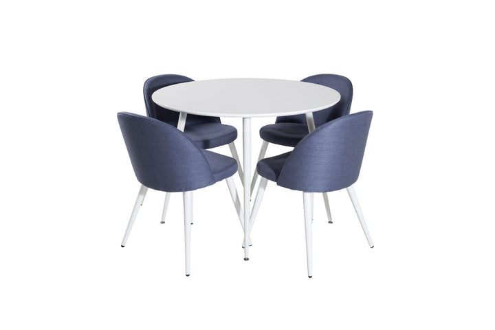 Venture Home Plaza Round Table 100 cm - White top / White Legs+Velvet Dining Chiar - White legs - Blue Fabric_4