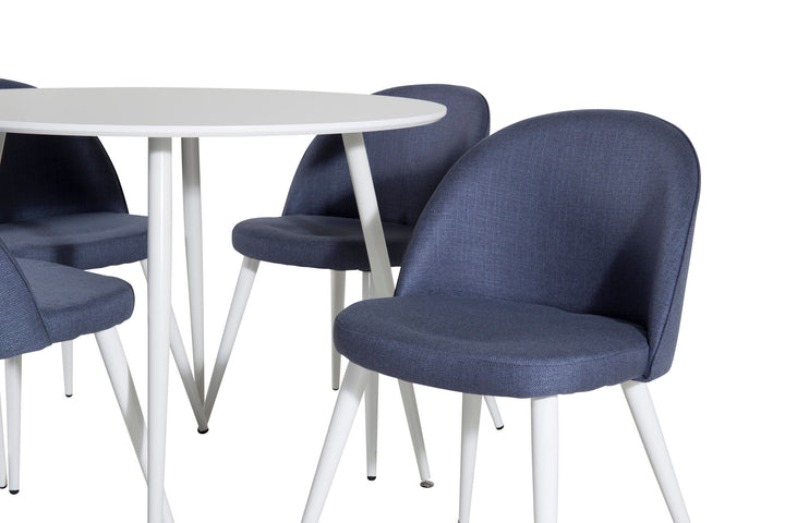 Venture Home Plaza Round Table 100 cm - White top / White Legs+Velvet Dining Chiar - White legs - Blue Fabric_4
