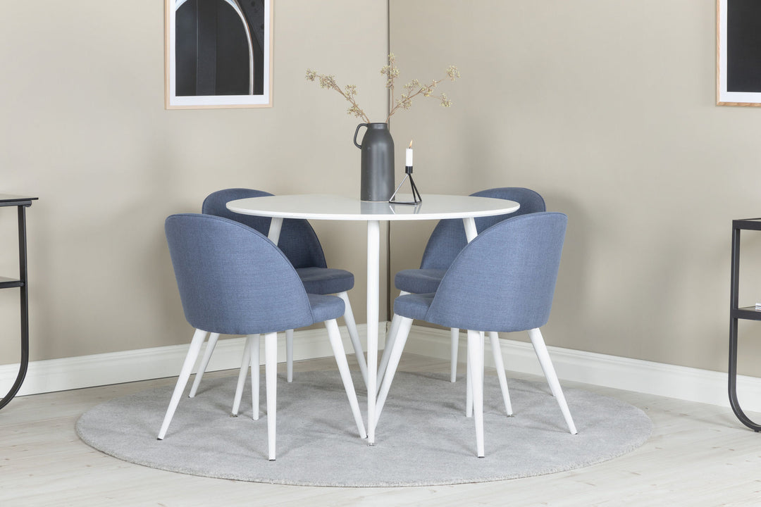 Venture Home Plaza Round Table 100 cm - White top / White Legs+Velvet Dining Chiar - White legs - Blue Fabric_4
