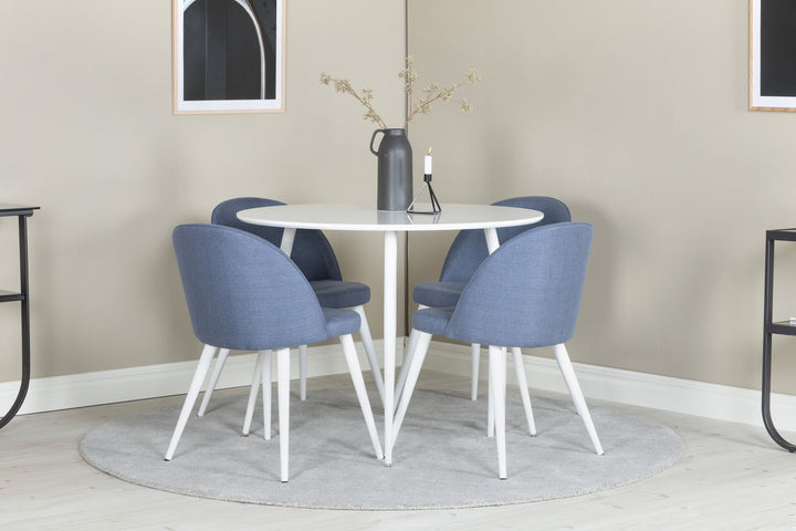 Venture Home Plaza Round Table 100 cm - White top / White Legs+Velvet Dining Chiar - White legs - Blue Fabric_4