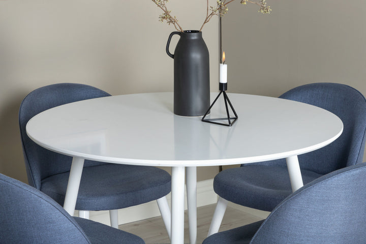 Venture Home Plaza Round Table 100 cm - White top / White Legs+Velvet Dining Chiar - White legs - Blue Fabric_4