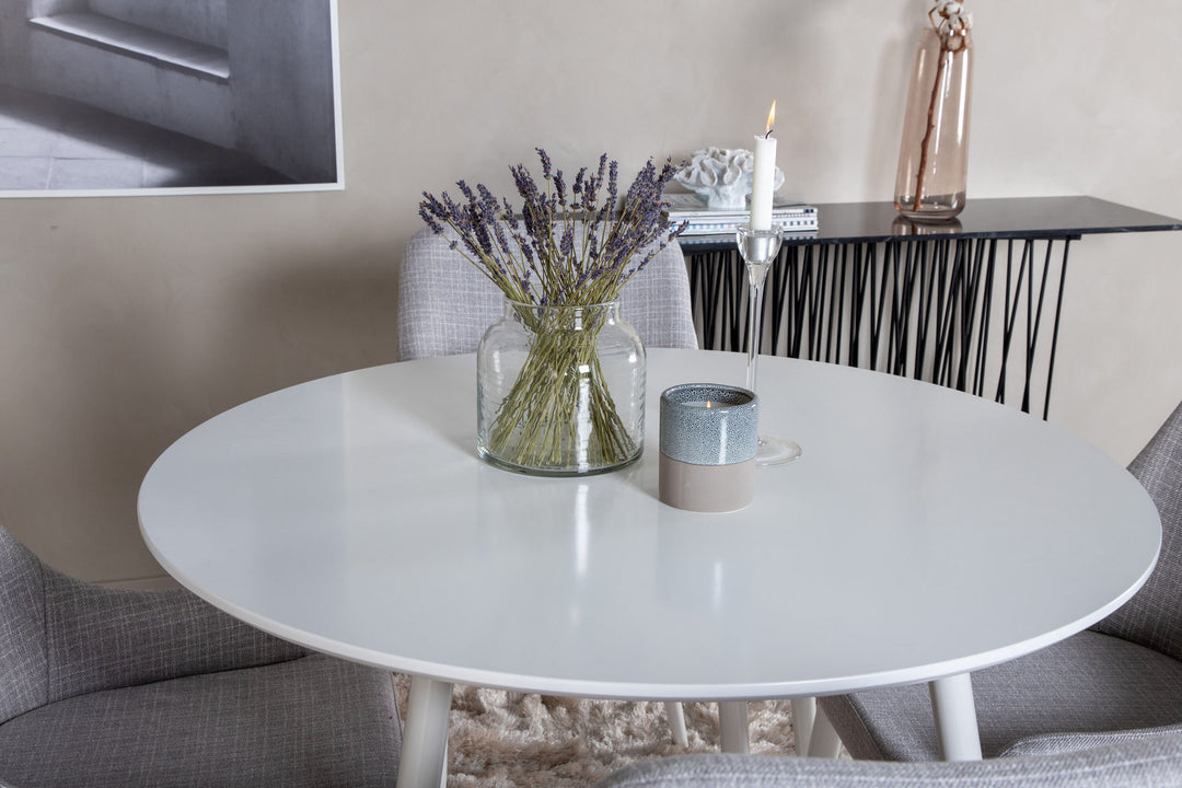 Venture Home Plaza Round Table 100 cm - White top / White Legs+Plaza Dining chair - White legs - Light Grey Fabric_4