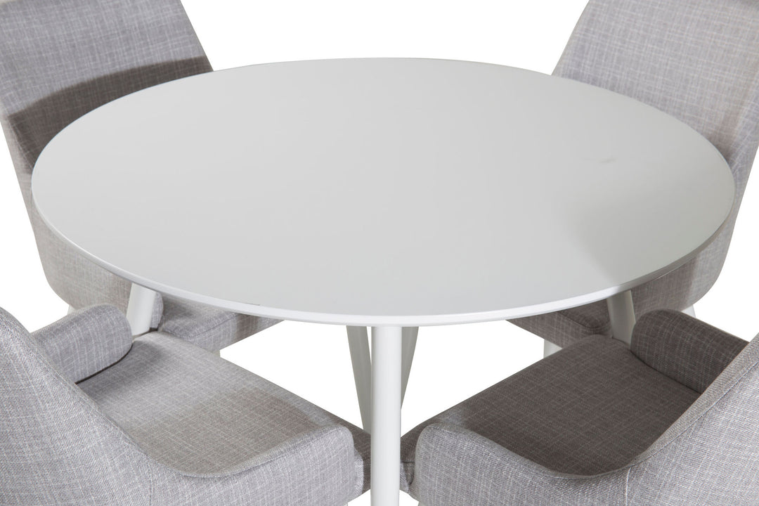 Venture Home Plaza Round Table 100 cm - White top / White Legs+Plaza Dining chair - White legs - Light Grey Fabric_4