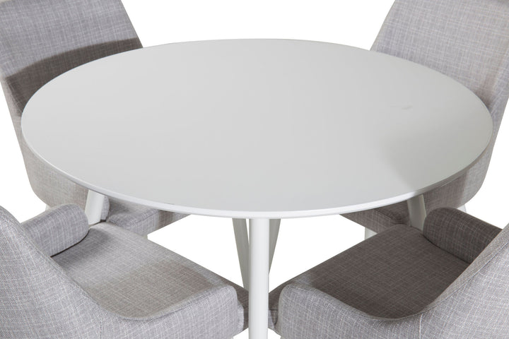 Venture Home Plaza Round Table 100 cm - White top / White Legs+Plaza Dining chair - White legs - Light Grey Fabric_4