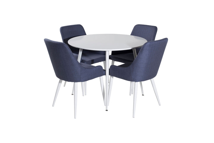 Venture Home Plaza Round Table 100 cm - White top / White Legs+Plaza Dining Chair - White Legs - Blue Fabric_4