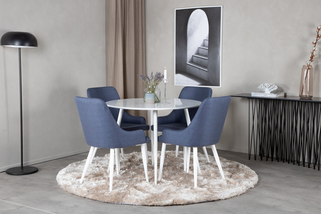 Venture Home Plaza Round Table 100 cm - White top / White Legs+Plaza Dining Chair - White Legs - Blue Fabric_4