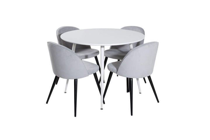 Venture Home Plaza Round Table 100 cm - White top / White Legs+Velvet Dining Chair Corduroy - Light Grey / Black_4
