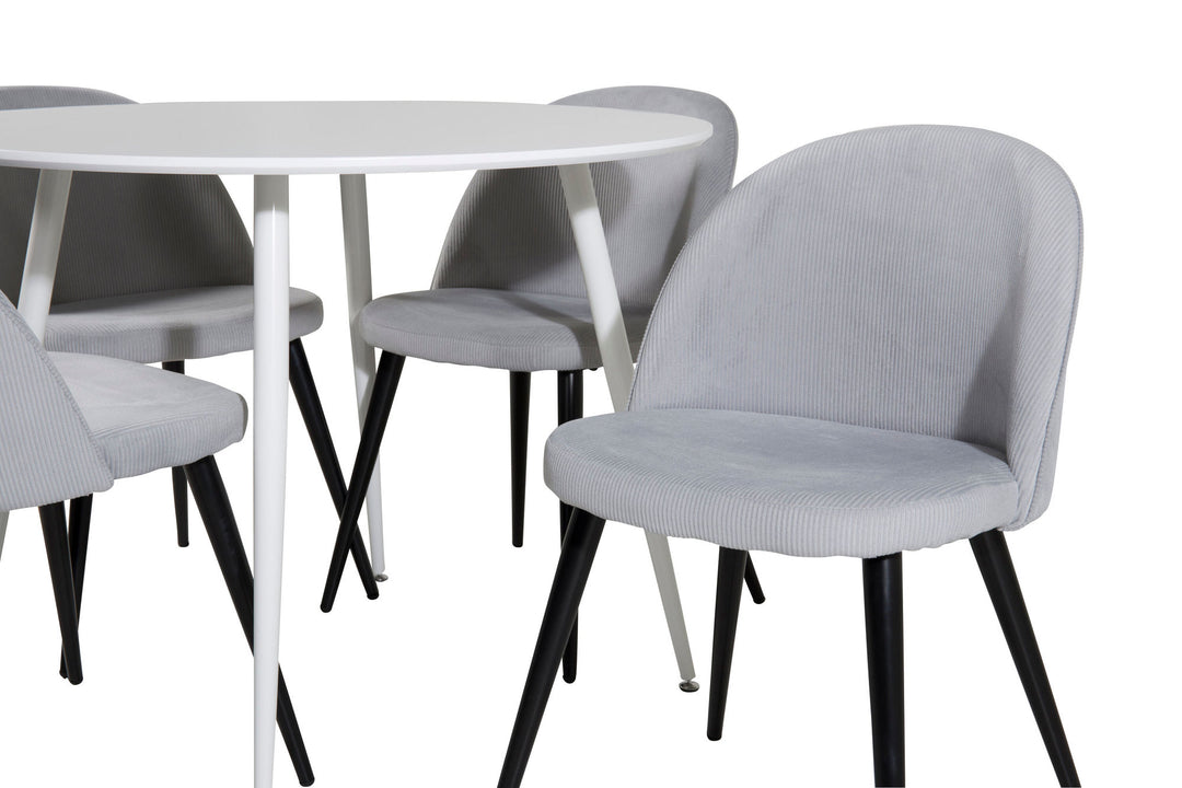 Venture Home Plaza Round Table 100 cm - White top / White Legs+Velvet Dining Chair Corduroy - Light Grey / Black_4