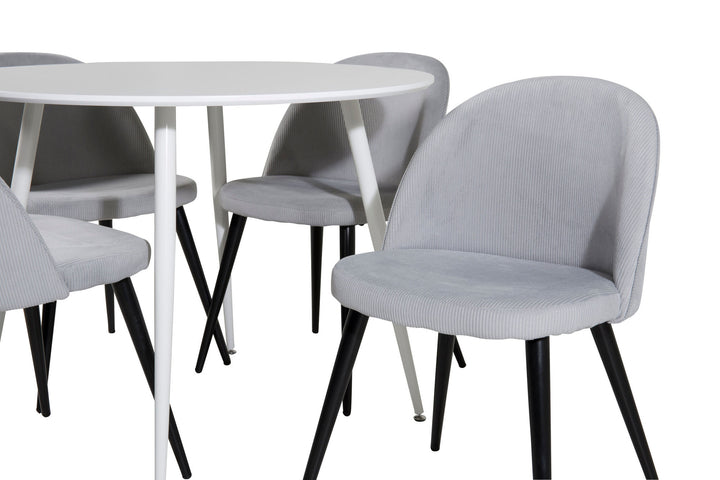 Venture Home Plaza Round Table 100 cm - White top / White Legs+Velvet Dining Chair Corduroy - Light Grey / Black_4