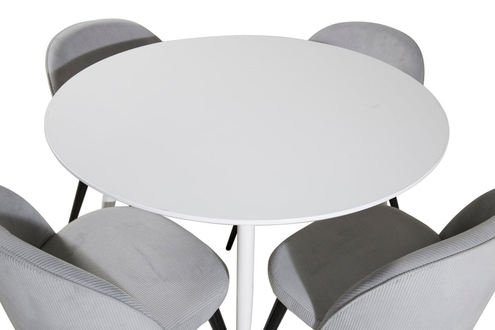 Venture Home Plaza Round Table 100 cm - White top / White Legs+Velvet Dining Chair Corduroy - Light Grey / Black_4