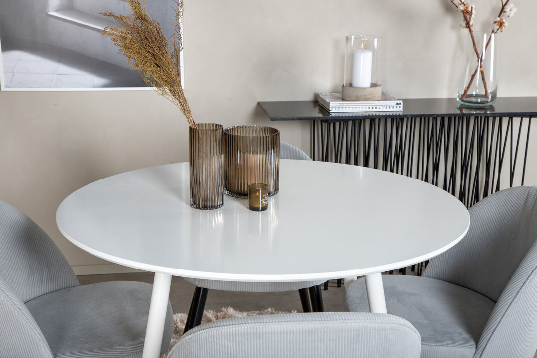 Venture Home Plaza Round Table 100 cm - White top / White Legs+Velvet Dining Chair Corduroy - Light Grey / Black_4