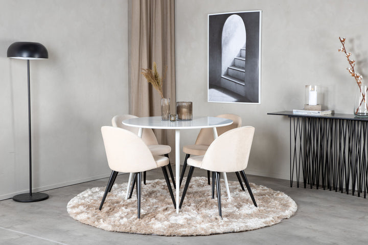 Venture Home Plaza Round Table 100 cm - White top / White Legs+Velvet Dining Chair - Beige / Black_4
