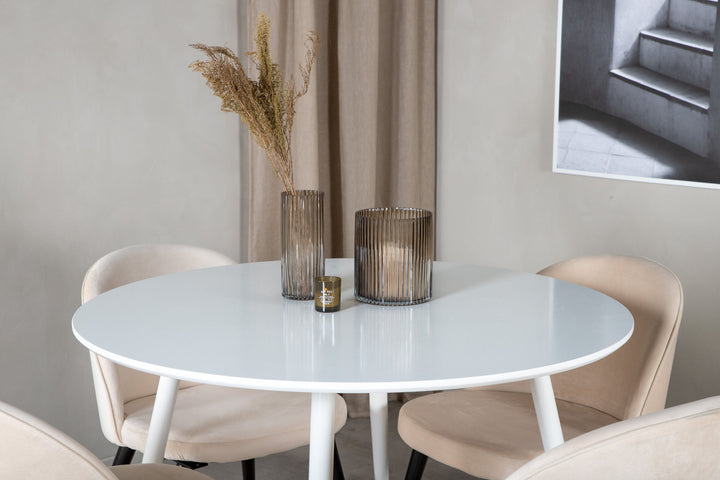 Venture Home Plaza Round Table 100 cm - White top / White Legs+Velvet Dining Chair - Beige / Black_4