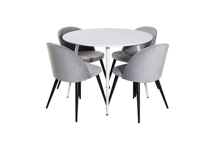 Venture Home Plaza Round Table 100 cm - White top / White Legs+Velvet Dining Chair - Light Grey / Black_4