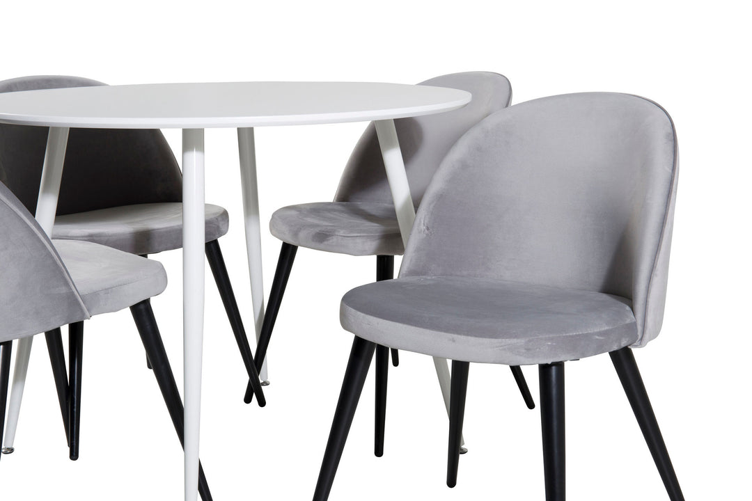Venture Home Plaza Round Table 100 cm - White top / White Legs+Velvet Dining Chair - Light Grey / Black_4