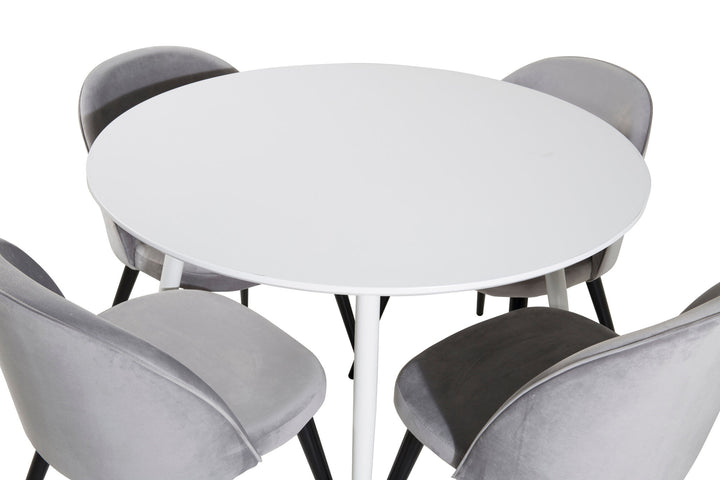 Venture Home Plaza Round Table 100 cm - White top / White Legs+Velvet Dining Chair - Light Grey / Black_4