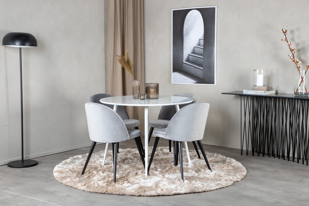 Venture Home Plaza Round Table 100 cm - White top / White Legs+Velvet Dining Chair - Light Grey / Black_4