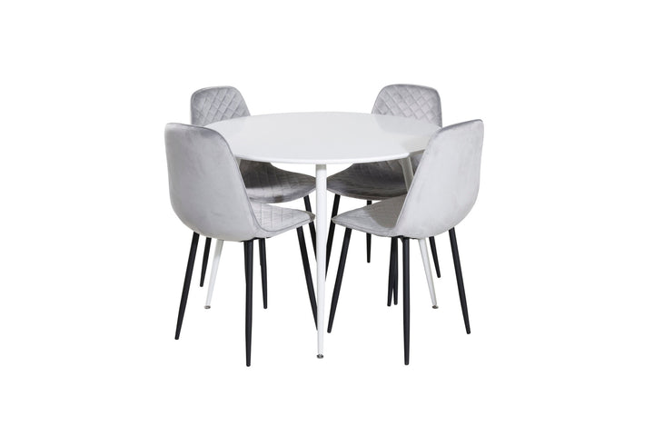 Venture Home Plaza Round Table 100 cm - White top / White Legs+Polar Diamond Dining Chair - Black Legs - Grey Velvet_4
