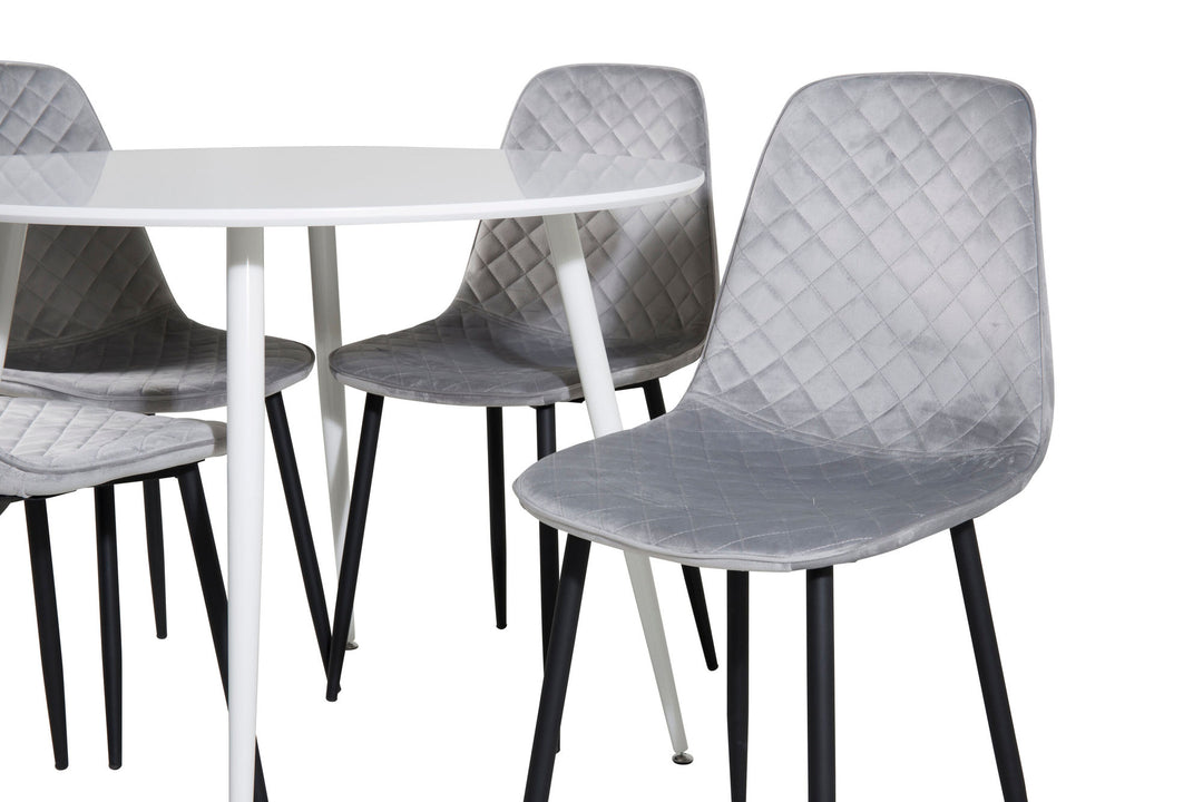 Venture Home Plaza Round Table 100 cm - White top / White Legs+Polar Diamond Dining Chair - Black Legs - Grey Velvet_4