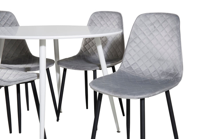 Venture Home Plaza Round Table 100 cm - White top / White Legs+Polar Diamond Dining Chair - Black Legs - Grey Velvet_4