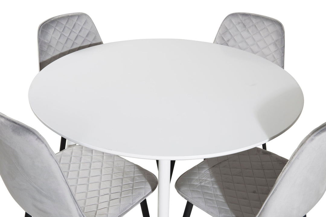 Venture Home Plaza Round Table 100 cm - White top / White Legs+Polar Diamond Dining Chair - Black Legs - Grey Velvet_4