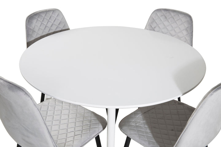 Venture Home Plaza Round Table 100 cm - White top / White Legs+Polar Diamond Dining Chair - Black Legs - Grey Velvet_4