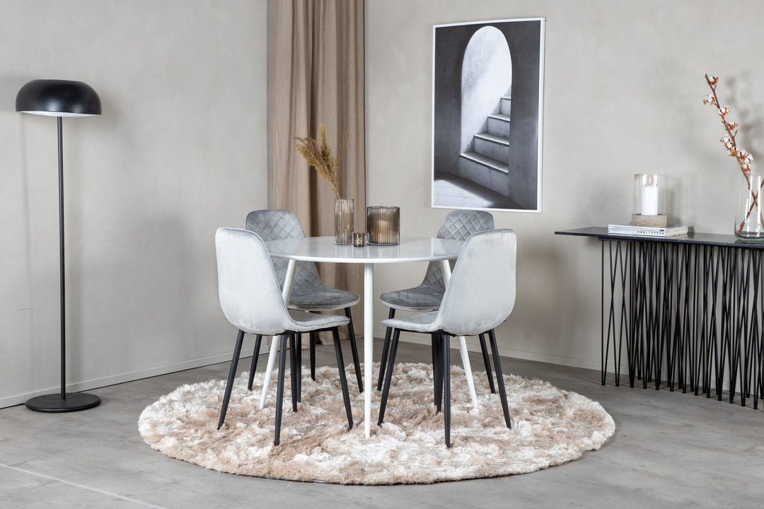 Venture Home Plaza Round Table 100 cm - White top / White Legs+Polar Diamond Dining Chair - Black Legs - Grey Velvet_4