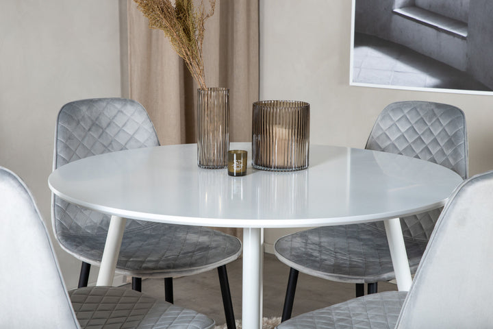 Venture Home Plaza Round Table 100 cm - White top / White Legs+Polar Diamond Dining Chair - Black Legs - Grey Velvet_4