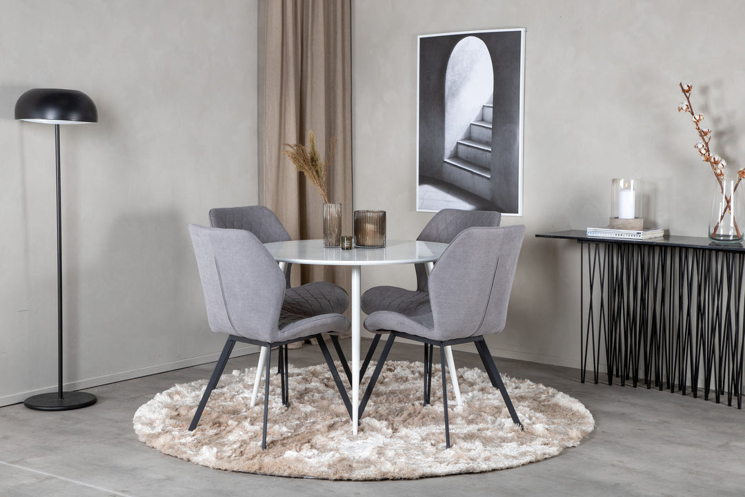 Venture Home Plaza Round Table 100 cm - White top / White Legs+Gemma Dining Chair - Black Legs - Grey Fabric_4