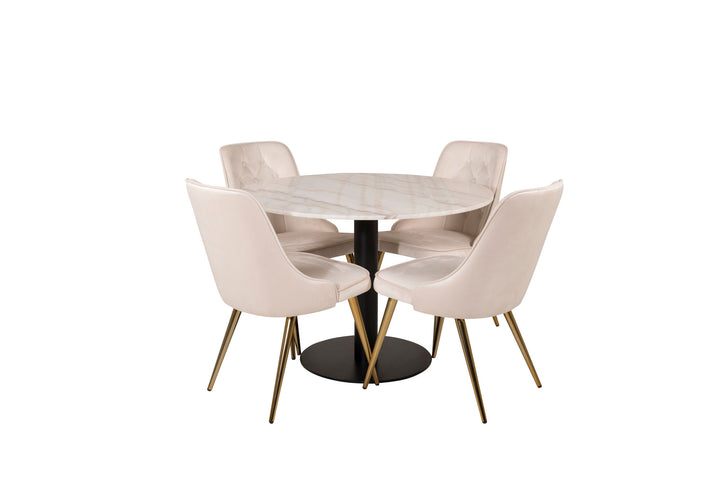 Venture Home Estelle runt Matbord - Svart / Vit marmor - ø106*H75+Velvet Deluxe Dining Chair - Brushed brass leg / Beige Velvet_4