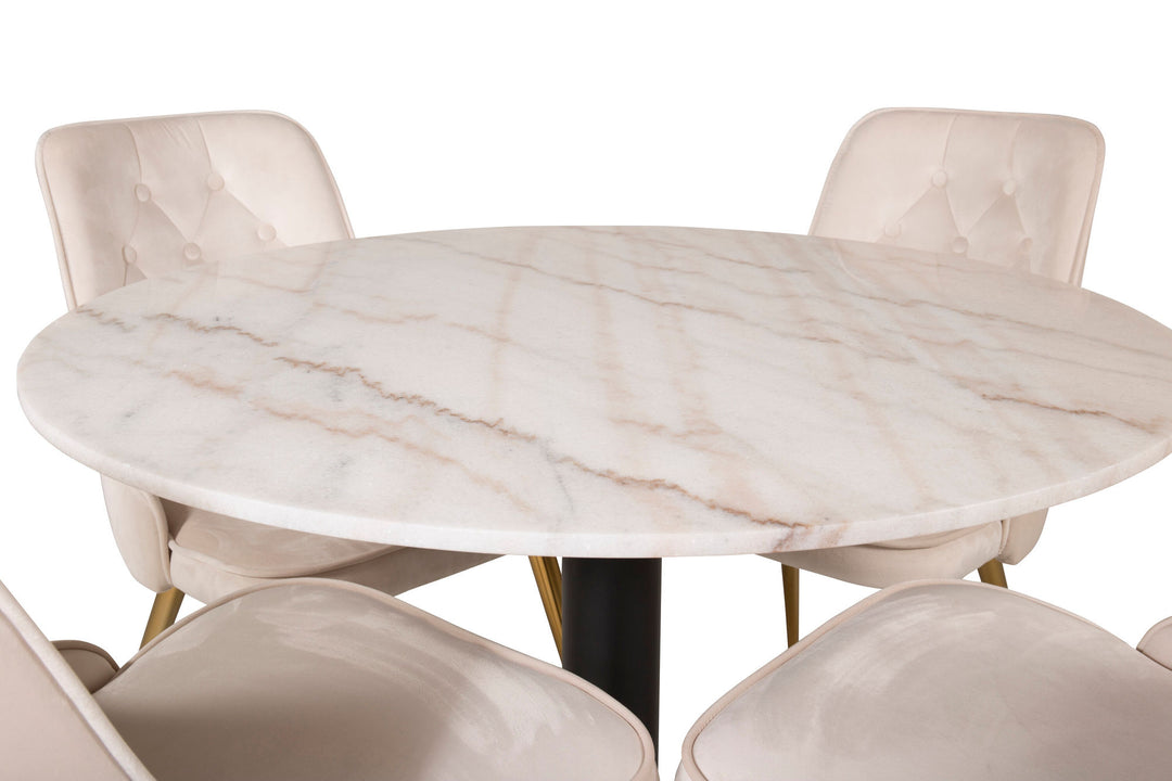 Venture Home Estelle runt Matbord - Svart / Vit marmor - ø106*H75+Velvet Deluxe Dining Chair - Brushed brass leg / Beige Velvet_4