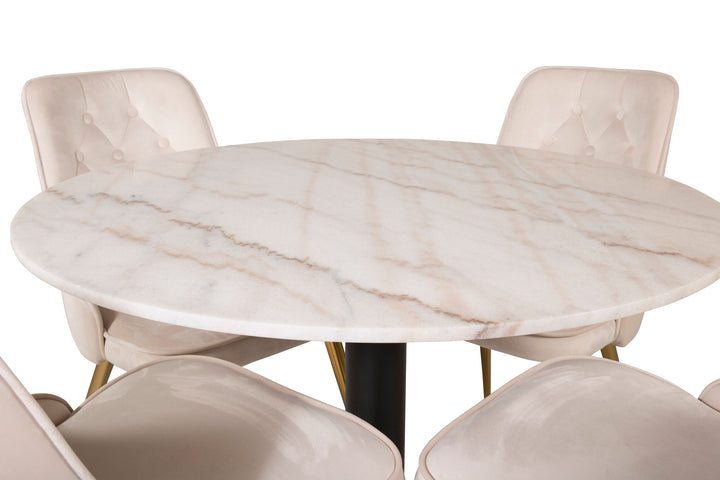 Venture Home Estelle runt Matbord - Svart / Vit marmor - ø106*H75+Velvet Deluxe Dining Chair - Brushed brass leg / Beige Velvet_4