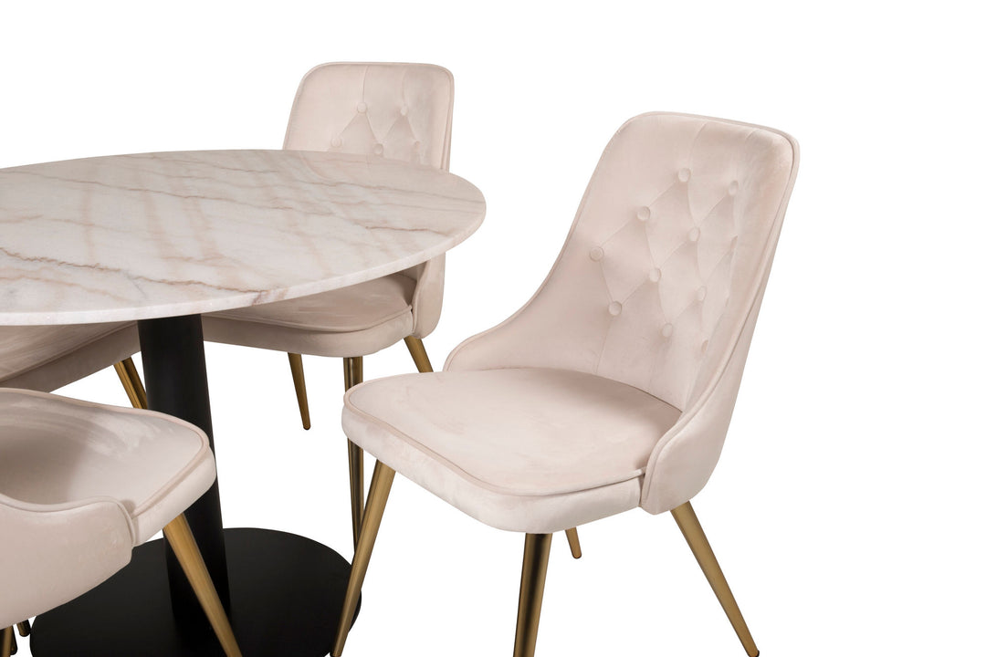 Venture Home Estelle runt Matbord - Svart / Vit marmor - ø106*H75+Velvet Deluxe Dining Chair - Brushed brass leg / Beige Velvet_4