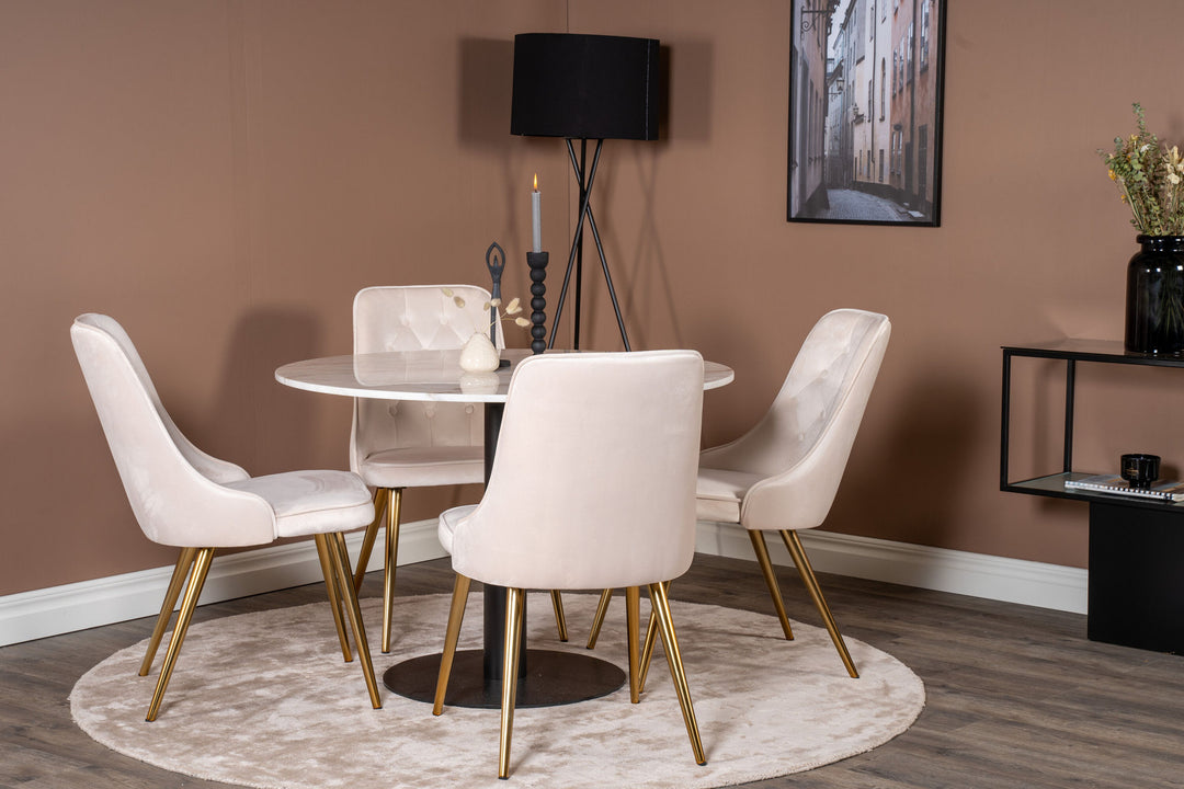 Venture Home Estelle runt Matbord - Svart / Vit marmor - ø106*H75+Velvet Deluxe Dining Chair - Brushed brass leg / Beige Velvet_4