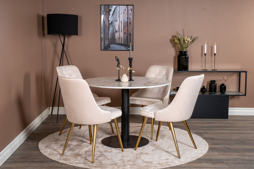 Venture Home Estelle runt Matbord - Svart / Vit marmor - ø106*H75+Velvet Deluxe Dining Chair - Brushed brass leg / Beige Velvet_4