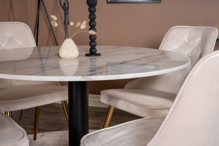 Venture Home Estelle runt Matbord - Svart / Vit marmor - ø106*H75+Velvet Deluxe Dining Chair - Brushed brass leg / Beige Velvet_4