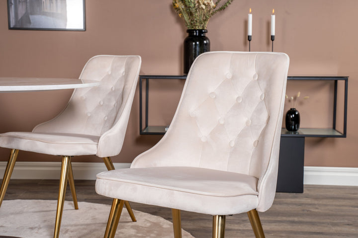 Venture Home Estelle runt Matbord - Svart / Vit marmor - ø106*H75+Velvet Deluxe Dining Chair - Brushed brass leg / Beige Velvet_4