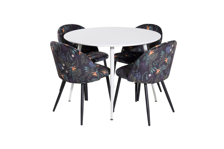Venture Home Plaza Round Table 100 cm - White top / White Legs+Velvet Dining Chair - Black Flower fabric_4