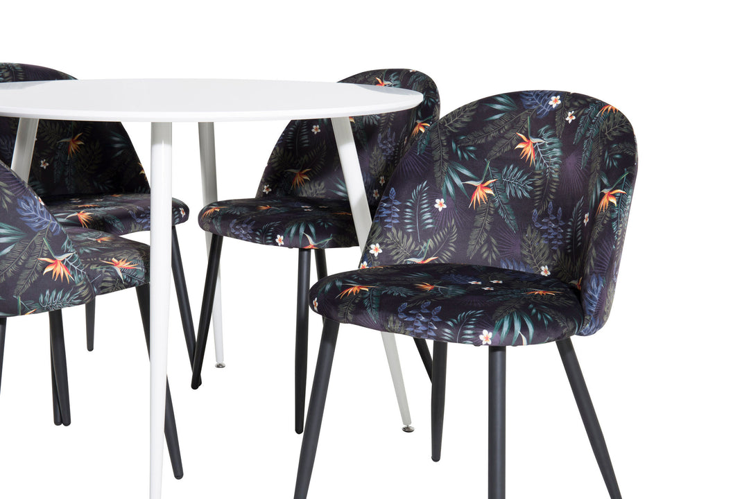 Venture Home Plaza Round Table 100 cm - White top / White Legs+Velvet Dining Chair - Black Flower fabric_4