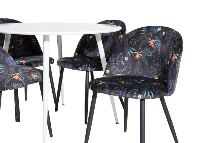 Venture Home Plaza Round Table 100 cm - White top / White Legs+Velvet Dining Chair - Black Flower fabric_4
