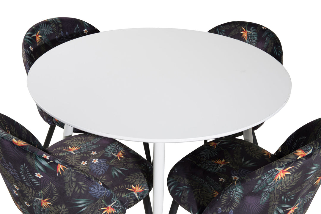 Venture Home Plaza Round Table 100 cm - White top / White Legs+Velvet Dining Chair - Black Flower fabric_4
