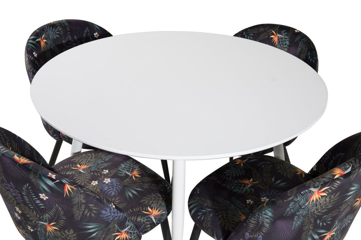 Venture Home Plaza Round Table 100 cm - White top / White Legs+Velvet Dining Chair - Black Flower fabric_4