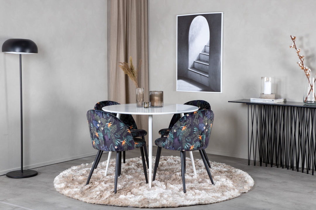 Venture Home Plaza Round Table 100 cm - White top / White Legs+Velvet Dining Chair - Black Flower fabric_4