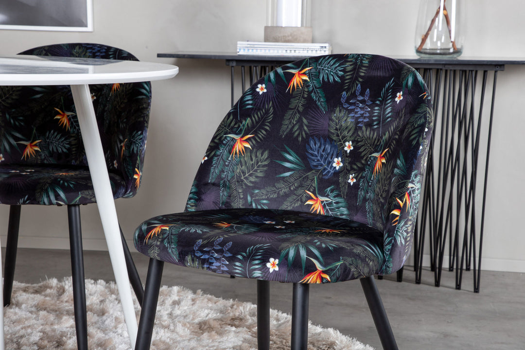 Venture Home Plaza Round Table 100 cm - White top / White Legs+Velvet Dining Chair - Black Flower fabric_4