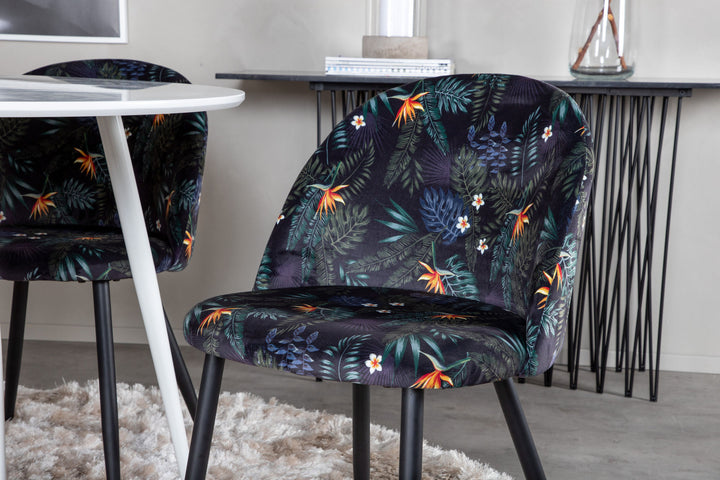 Venture Home Plaza Round Table 100 cm - White top / White Legs+Velvet Dining Chair - Black Flower fabric_4