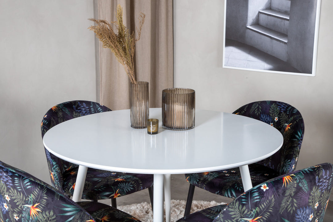 Venture Home Plaza Round Table 100 cm - White top / White Legs+Velvet Dining Chair - Black Flower fabric_4