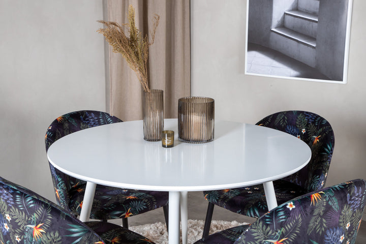 Venture Home Plaza Round Table 100 cm - White top / White Legs+Velvet Dining Chair - Black Flower fabric_4