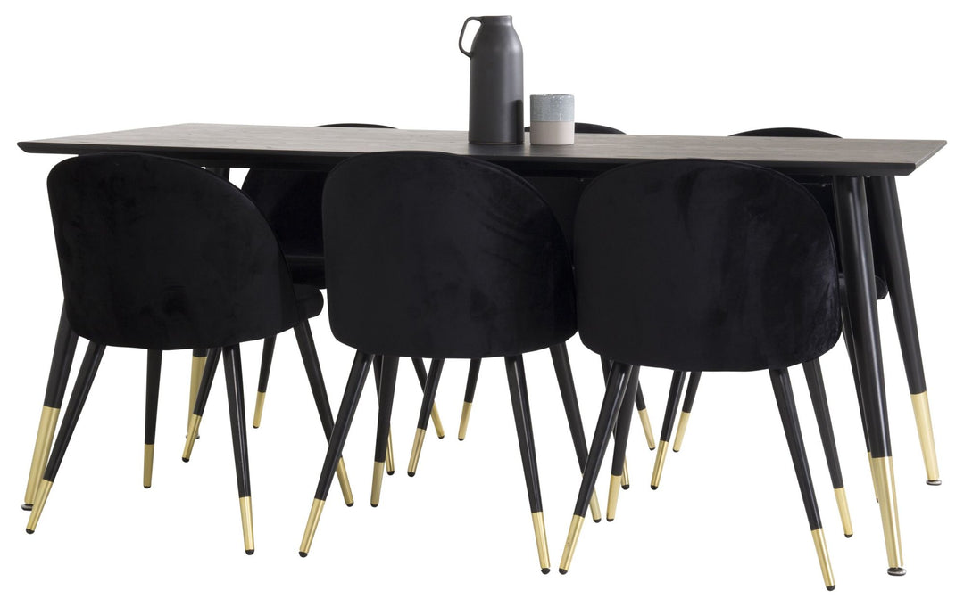 Venture Home Dipp Dining Table - 180*90cm - Black Veneer / black legs w brass dipp - Velvet Dining Chair Brass - Black / Black 6