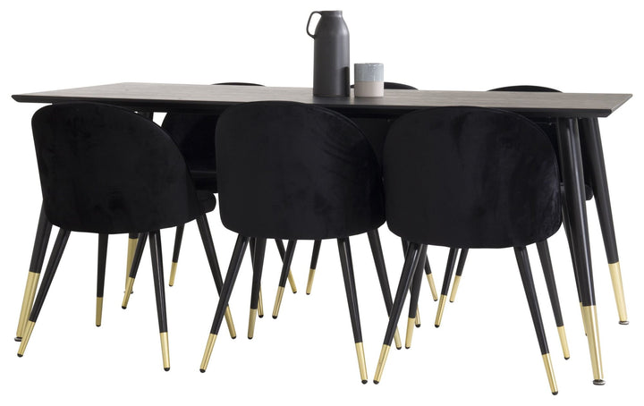 Venture Home Dipp Dining Table - 180*90cm - Black Veneer / black legs w brass dipp - Velvet Dining Chair Brass - Black / Black 6