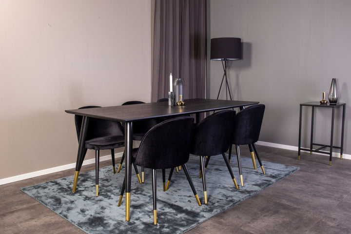 Venture Home Dipp Dining Table - 180*90cm - Black Veneer / black legs w brass dipp - Velvet Dining Chair Brass - Black / Black 6
